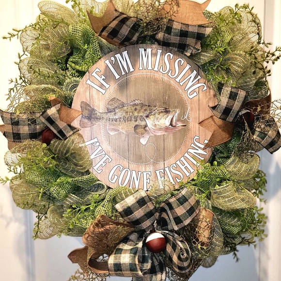 Hand Crafted Other - Fishing Wreath Deco Mesh Bows Man Cave Birthday She Shed
